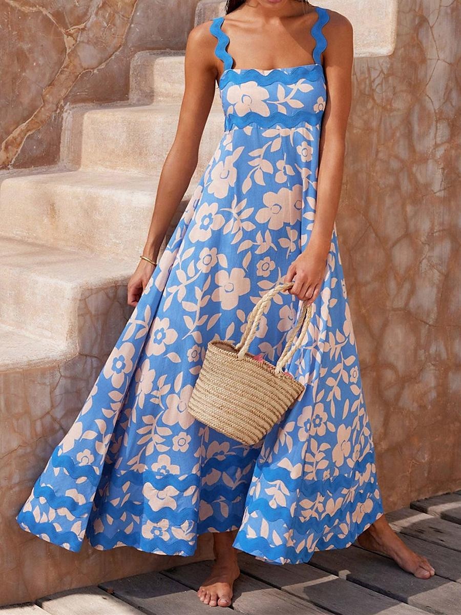 Damen Freizeitkleid Unterkleid Strandkleid Blumen rückenfrei Print Träger langes Kleid Maxikleid tropischer Hawaiiurlaub ärmellos Sommer 2025 - $41.99 –P9