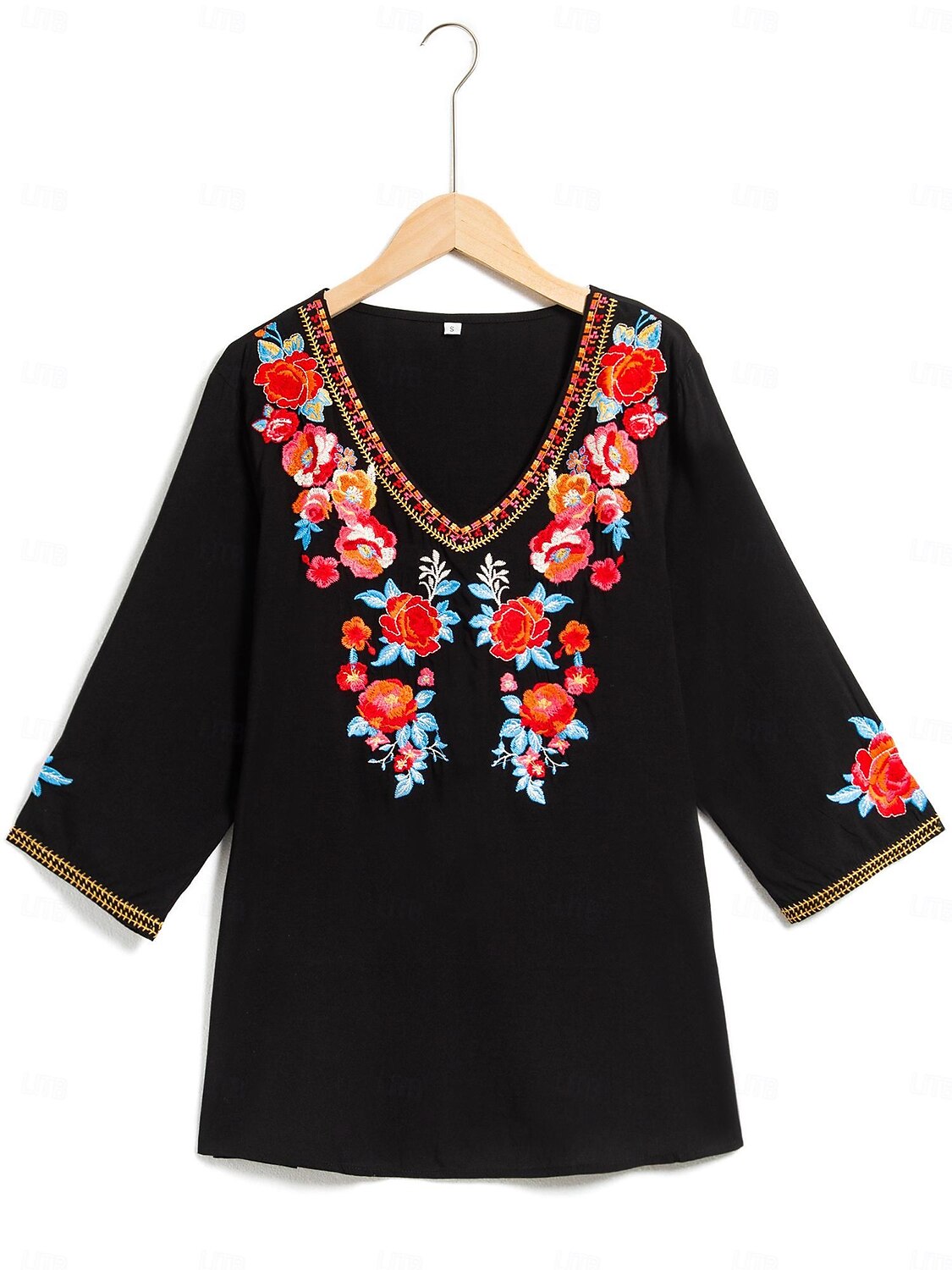 Dame Designerskjorte Blomstret Stamme Årgang Bøhmisk stil Fritid 3/4 ermer V-hals Vanlige topper Arbeid Avslappet Ferie Broderi Svart Sommer Vår & Vinter 2025 - $39.99 –P6