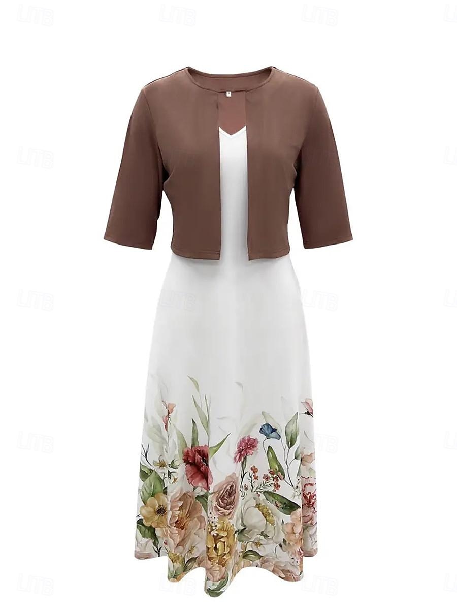 Pentru femei Set de rochii Rochie casual Rochie leagăn Rochie imprimata Modă Modern Floral Imprimeu Rochii Midi Manșon Jumate În V În aer liber Dată Alb Albastru regal Albastru piscină Vară Fit 2025 - $38.99 –P3