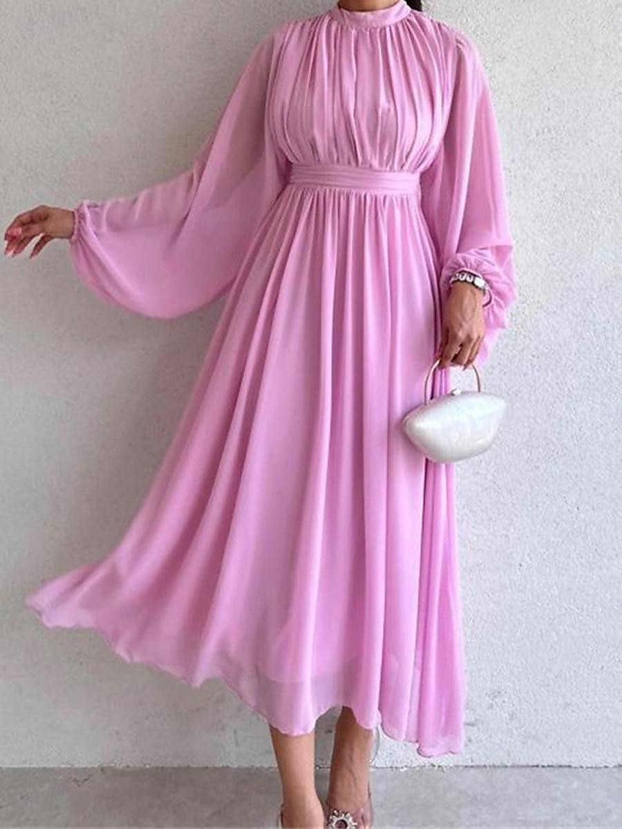 Női Fehér ruha Hosszú ruha Maxi ruha Sifon Fodrozott Randi Elegáns Utcai sikk Állógallér Hosszú ujj Fekete Fehér Arcpír rózsaszín Szín 2025 - $34.99 –P9