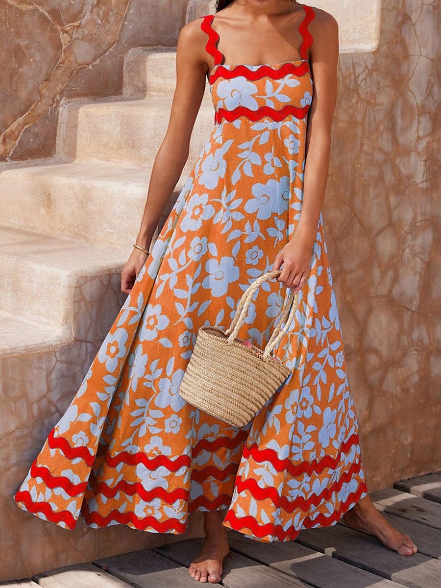 Damen Freizeitkleid Unterkleid Strandkleid Blumen rückenfrei Print Träger langes Kleid Maxikleid tropischer Hawaiiurlaub ärmellos Sommer 2025 - $41.99 –P18