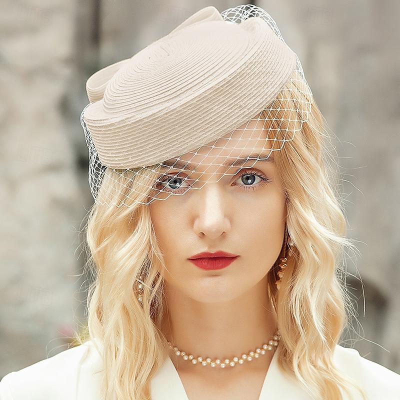 Cappelli Tulle Fibra Bombetta / Cappello a cloche Cappello di paglia Matrimonio Tè Elegante Matrimonio Con Fiocco Tulle Copricapo Copricapo del 2025 a $60.99 –P8