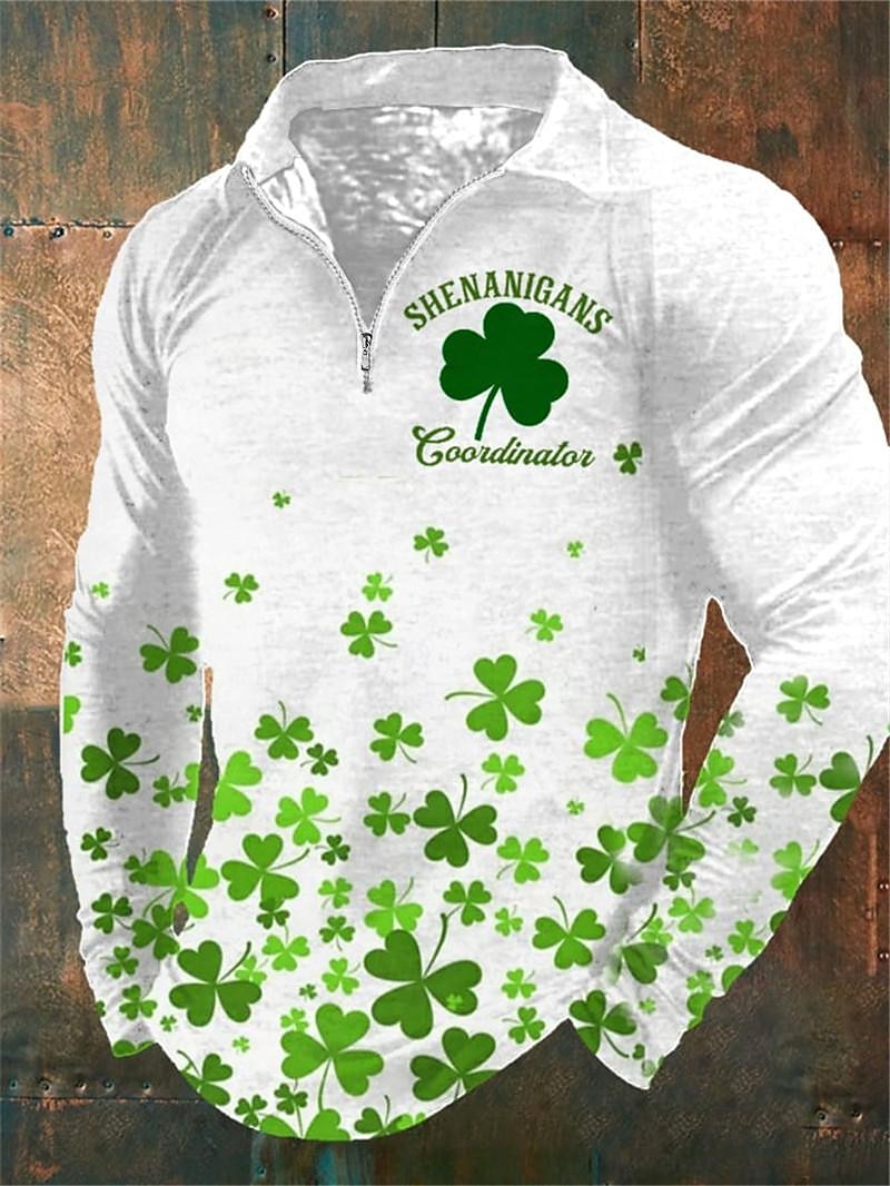 St.Patrick's Day Men's Zip Polo Polo Shirt Golf Shirt Saint Patrick Day St. Patrick's Day Clover Turndown Black White Green Outdoor Street Long Sleeve Zipper Print Clothing Apparel Fashion Streetwear 2025 - $23.99 –P5