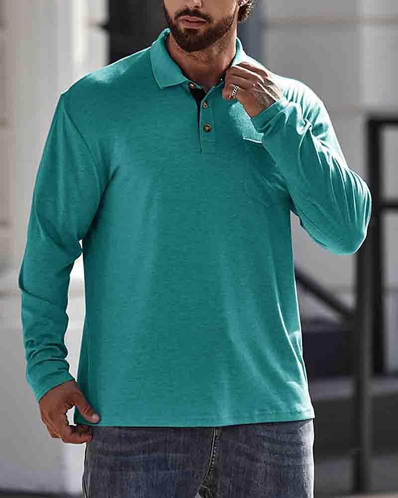 Herren Poloshirt aus Baumwolle Golfhemd Arbeit Casual Kargen Langarm Basic Modern Glatt Taste Tasche Frühling & Herbst Regular Fit Dunkelrot Wein Aprikose Dunkelgrau Wasserblau Schwarz Poloshirt aus 2025 - $18.99 –P13