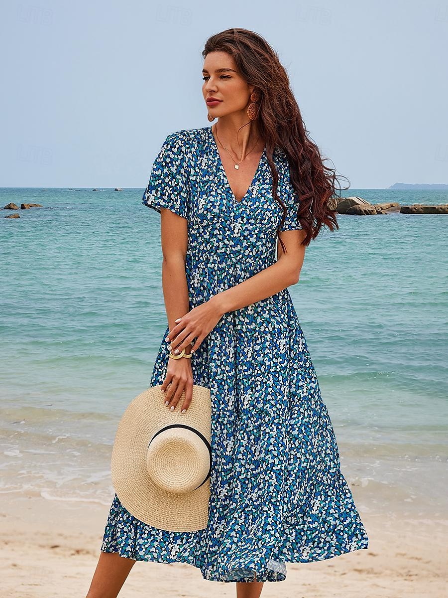Women's Mid-Length Dress Short Sleeve V-neck Floral Print