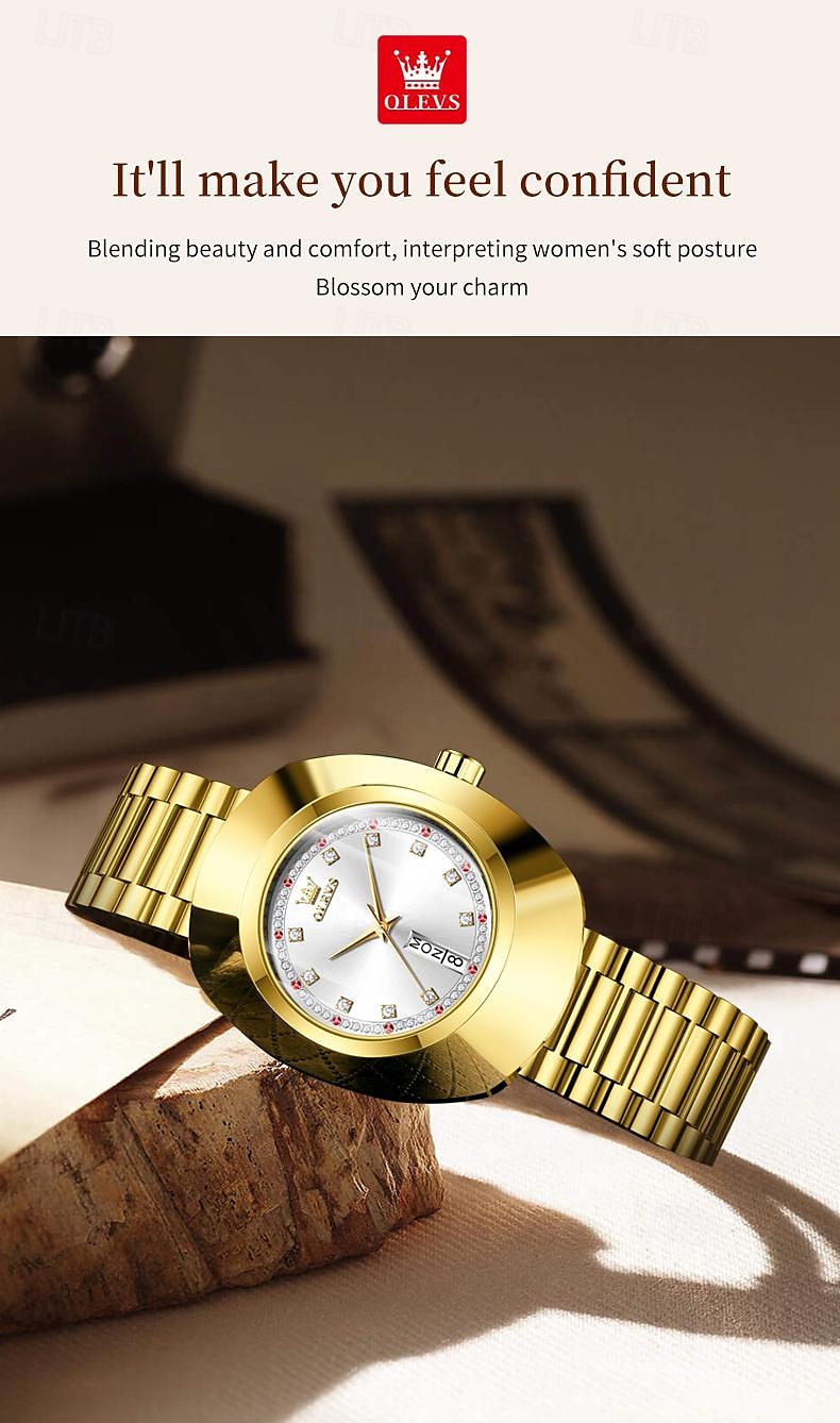 OLEVS Women's Watches Luxury Gold Large Dial Original Wristwatch for Girl Waterproof Luminous Fashionable Diamond Dial Date Week 7017 2025 - $46.99 –P12