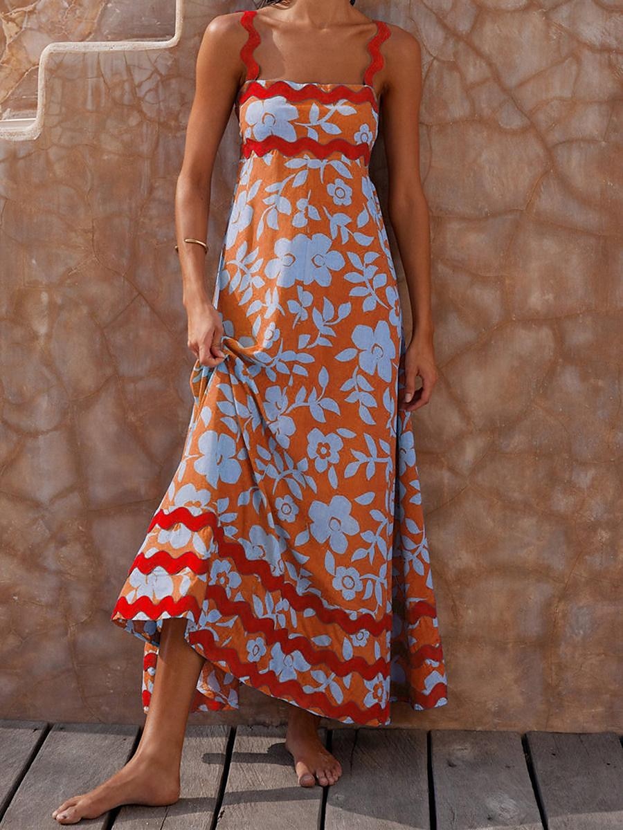 Damen Freizeitkleid Unterkleid Strandkleid Blumen rückenfrei Print Träger langes Kleid Maxikleid tropischer Hawaiiurlaub ärmellos Sommer 2025 - $41.99 –P16