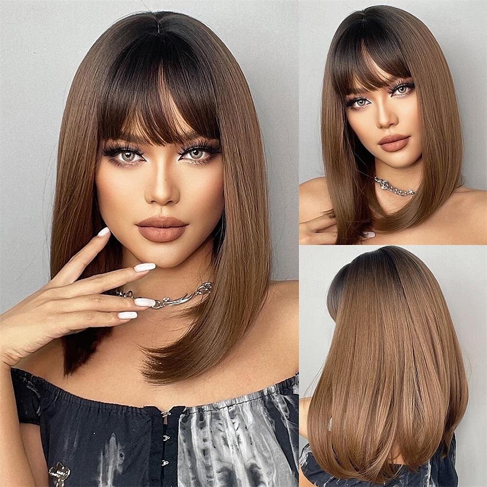 parrucca bionda castano bob ombre con frangia parrucche corte diritte naturali per donne parrucche sintetiche lunghe fino alle spalle per cosplay quotidiano del 2025 a $18.99 –P8