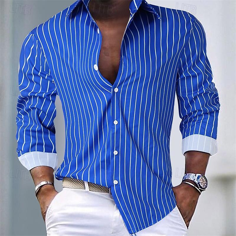 Men's Matching Sets Blue Shirt Button Up Shirt Casual Shirt Trousers Casual Pants Sets Long Sleeve Lapel Casual Daily Streetwear Stripes 2 Piece Polyester Spring & Fall 2025 - $45.99 –P2