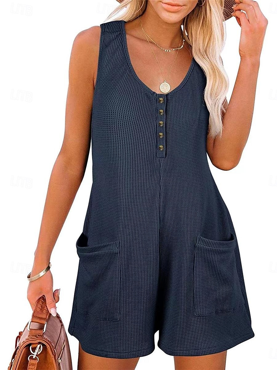 Dam Vanligt Jumpsuits Streetwear Ensfärgat Ärmlös V-hals Knappar Ficka Gata Dagligen Normal Svart Rodnande Rosa Vin Sommar 2025 - $22.99 –P1