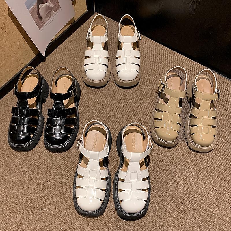 sandali da pescatore bianchi da donna con suola spessa e cinturino con fibbia, scarpe vintage in similpelle chiuse per l'estate, l'uso quotidiano e gli outfit casual del 2025 a $59.99 –P1