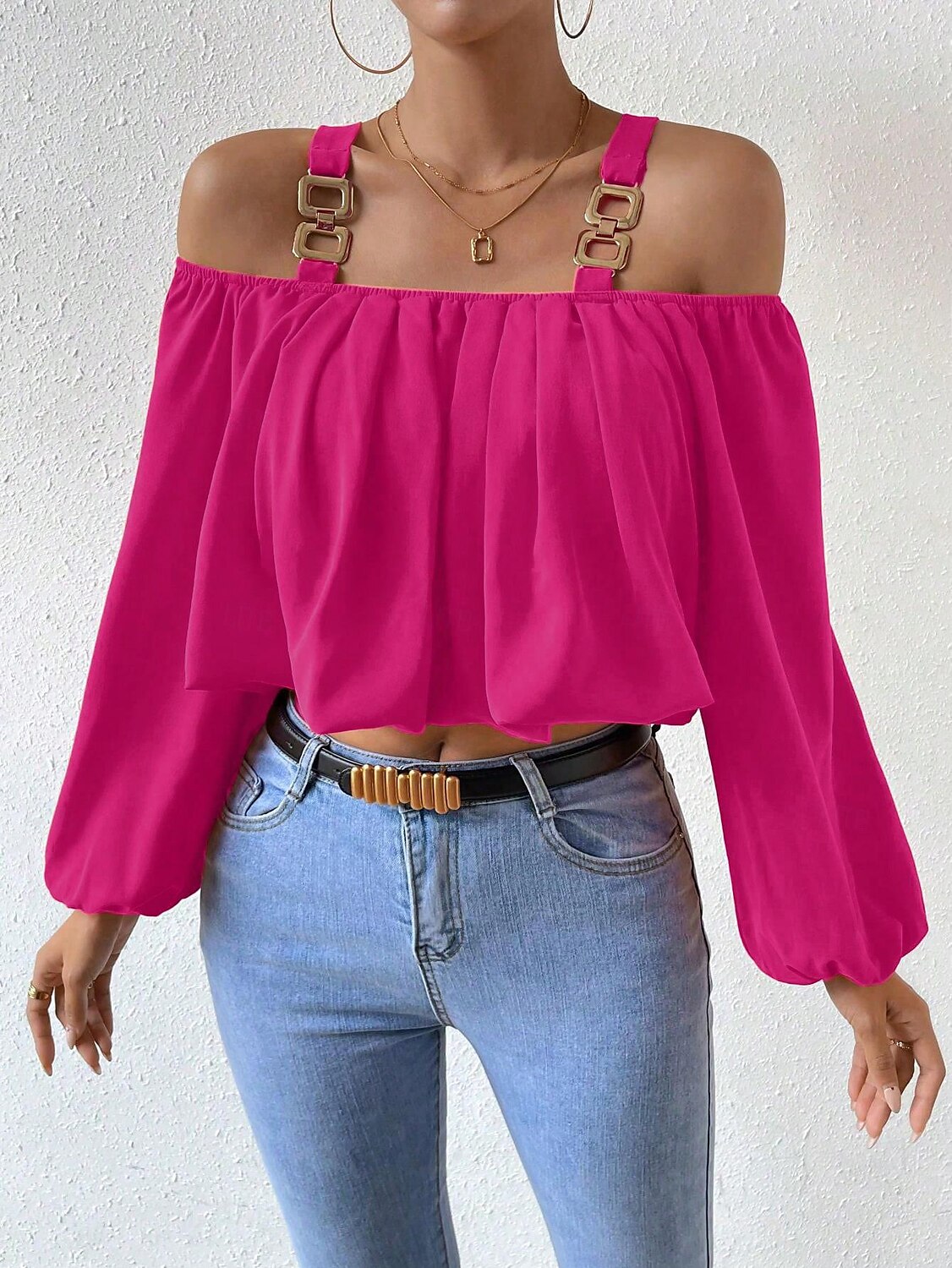 Hemd Bluse Damen Rosa Glatt Kalte Schulter Strasse Täglich Modisch Schulterfrei Regular Fit S 2025 - $32.99 –P4