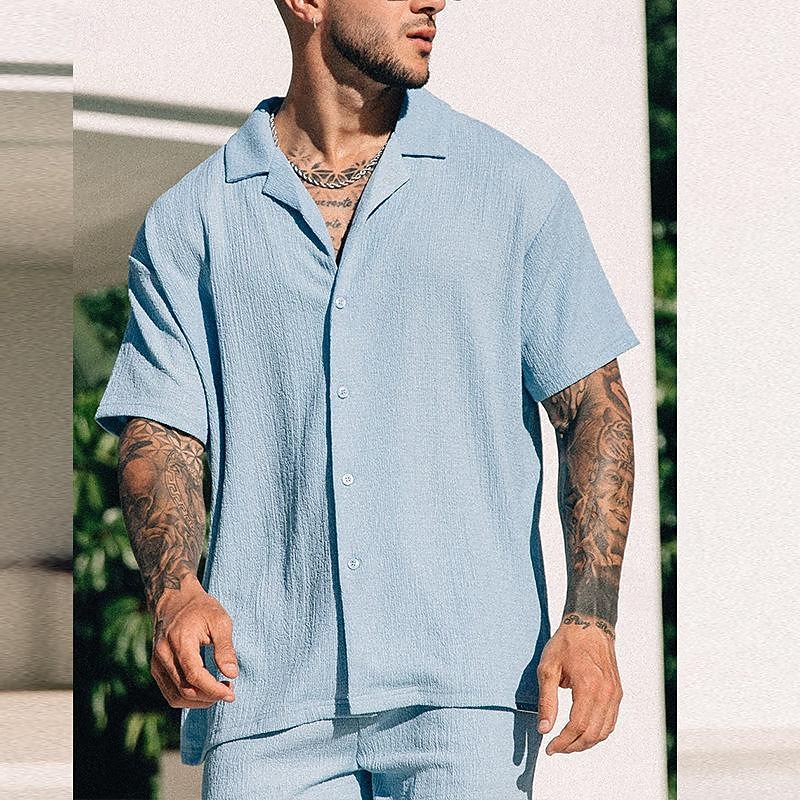 Men's Shirt Shirt Set Summer Shirt Button Up Shirt Casual Shirt Beach Shirt Black Blue Green Short Sleeve Plain Camp Collar Holiday Vacation 2 Piece Clothing Apparel Fashion Casual Comfortable 2026 - $40.99 –P4