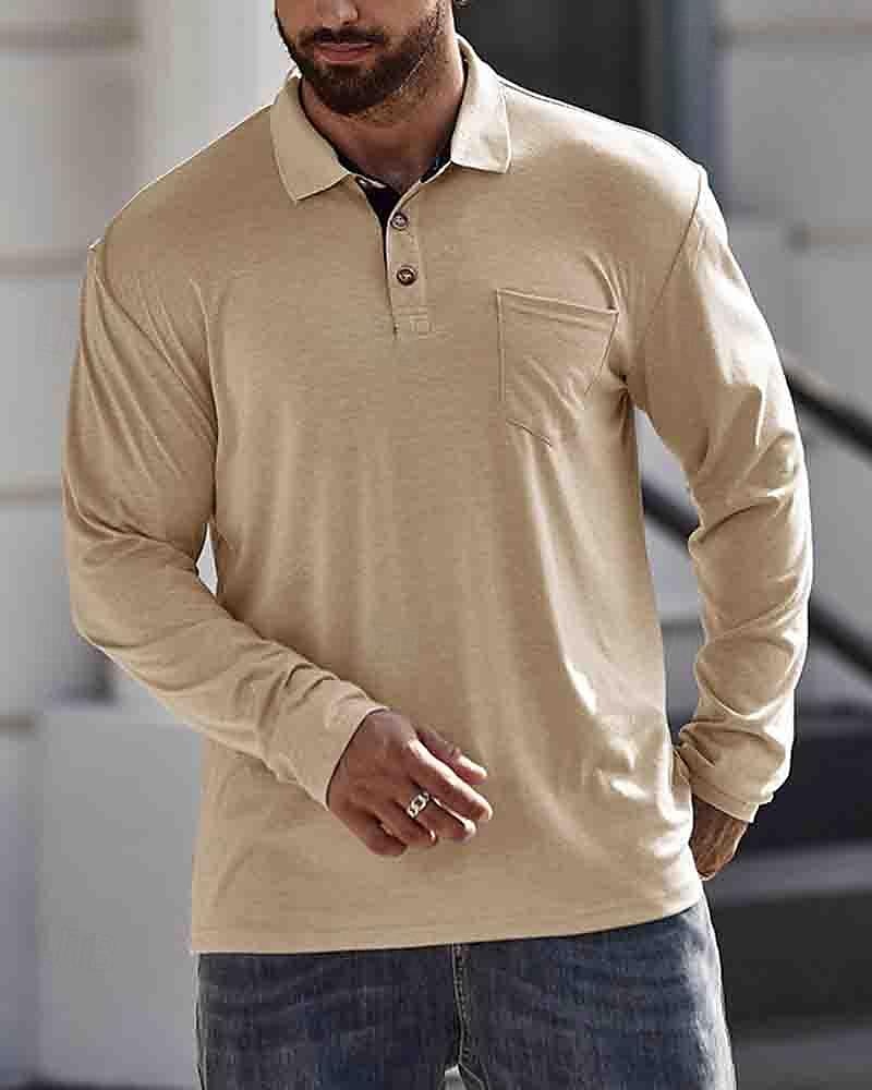Herren Poloshirt aus Baumwolle Golfhemd Arbeit Casual Kargen Langarm Basic Modern Glatt Taste Tasche Frühling & Herbst Regular Fit Dunkelrot Wein Aprikose Dunkelgrau Wasserblau Schwarz Poloshirt aus 2025 - $18.99 –P7