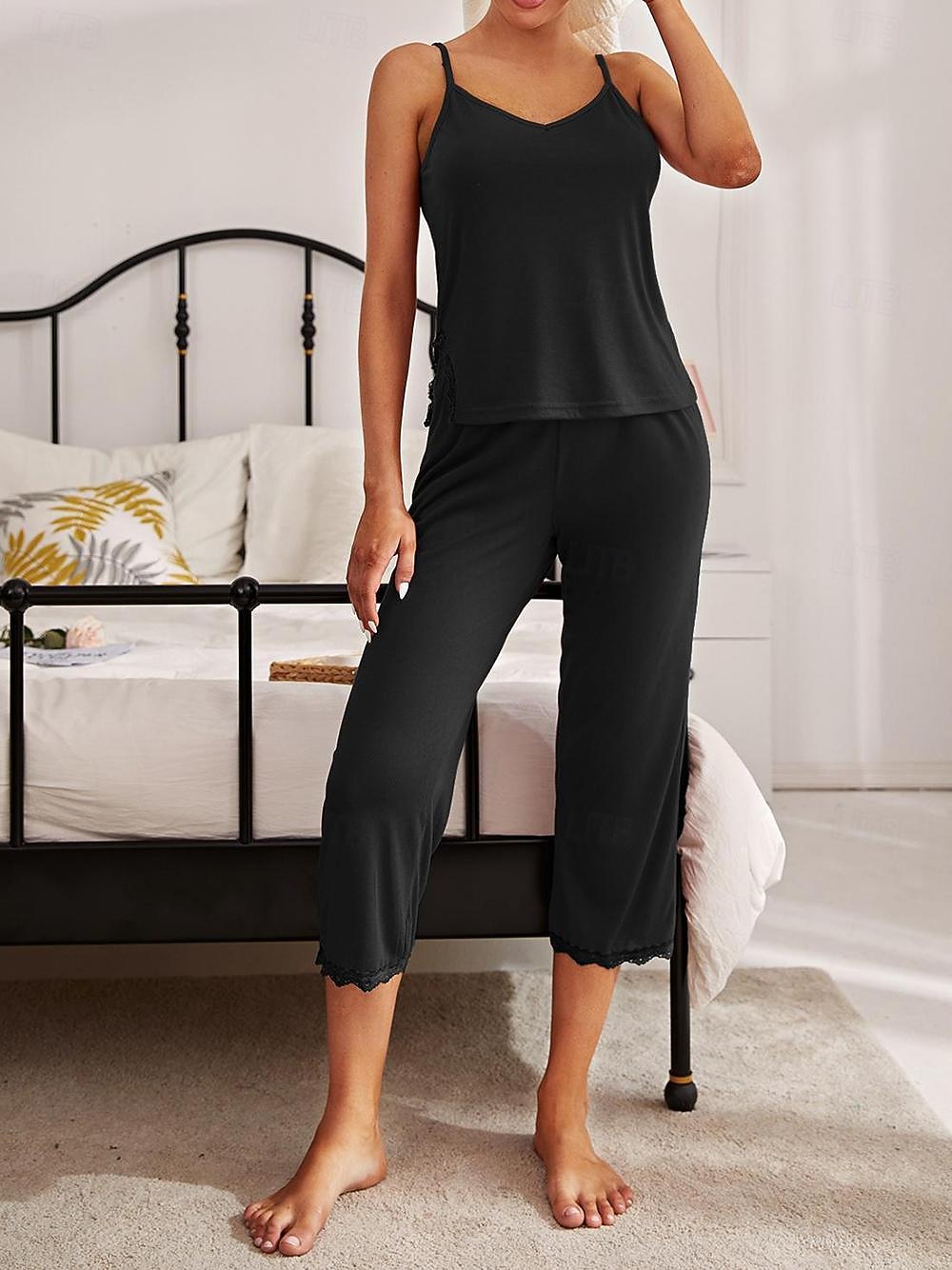 pigiama da donna set colore puro comfort casa quotidiano letto traspirante cinturino top pantaloni estate casa abiti del 2026 a $27.99 –P11