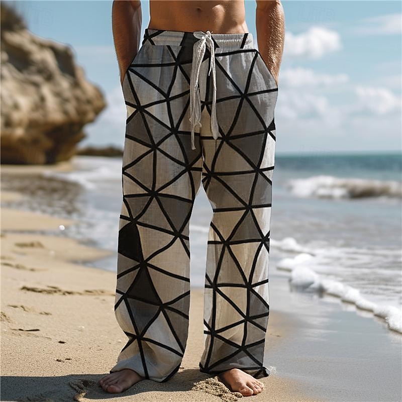 Herre Hawaiisk Fargeblokk Pledd / Tern Flerfarget Bukser 3D-utskrift Bukser med rett ben Medium Midje Elastisk midje med snøring utendørs Gate Ferie Sommer Vår Høst Komfortabel form Mikroelastisk 2025 - $25.99 –P6