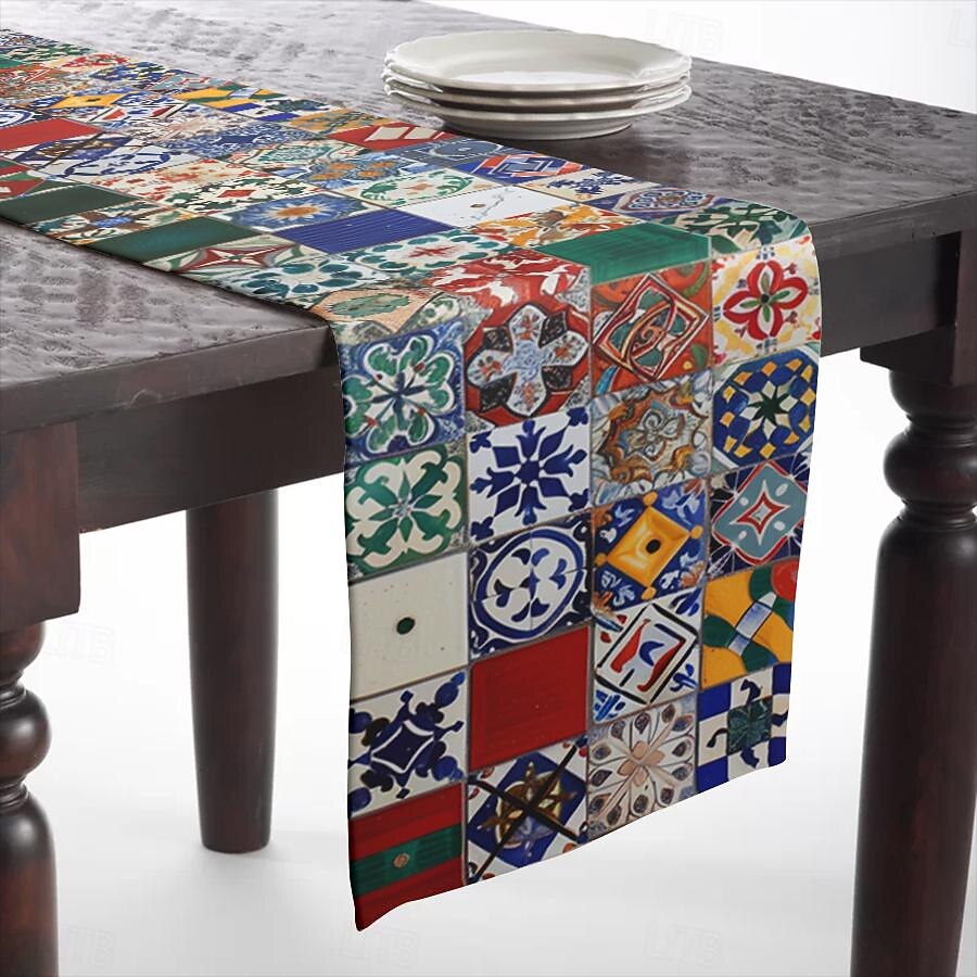 boho spojování dlaždic potisk běhoun ve venkovském stylu, výzdoba kuchyňského jídelního stolu, výzdoba potiskem běhouny na vnitřní venkovní dům na statku dovolená svatba dekorace na oslavu narozenin 2025 - $12.49 –P6
