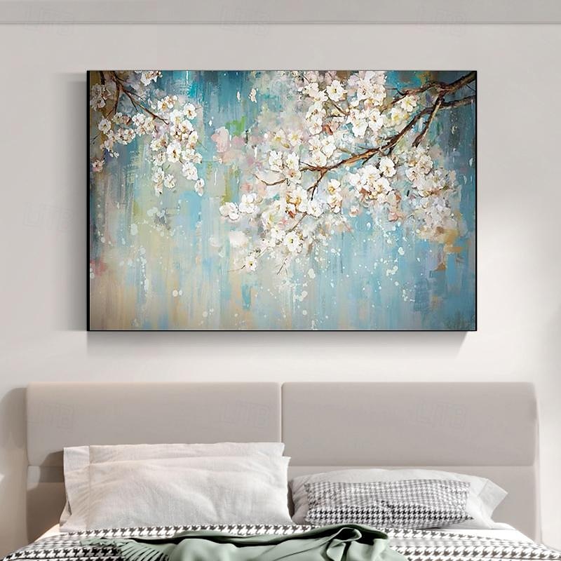 handgemaltes abstraktes Kirschblüten-Ölgemälde auf Leinwand, großes Wandkunstwerk, originale Blütenkunst, weißes Gemälde, Blumengemälde, Wohnzimmerdekoration, gespannte Leinwand, fertig zum Aufhängen 2025 - $154.99 –P3