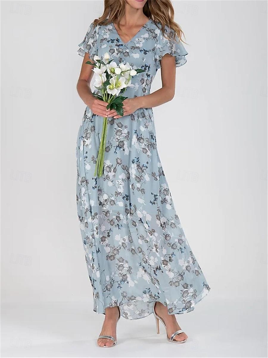 abito lungo da donna stampa floreale scollo a V maniche a palloncino fluido blu bianco elegante da sposa per festa in giardino estate primavera silhouette femminile leggero comodo varie taglie del 2025 a $41.99 –P1
