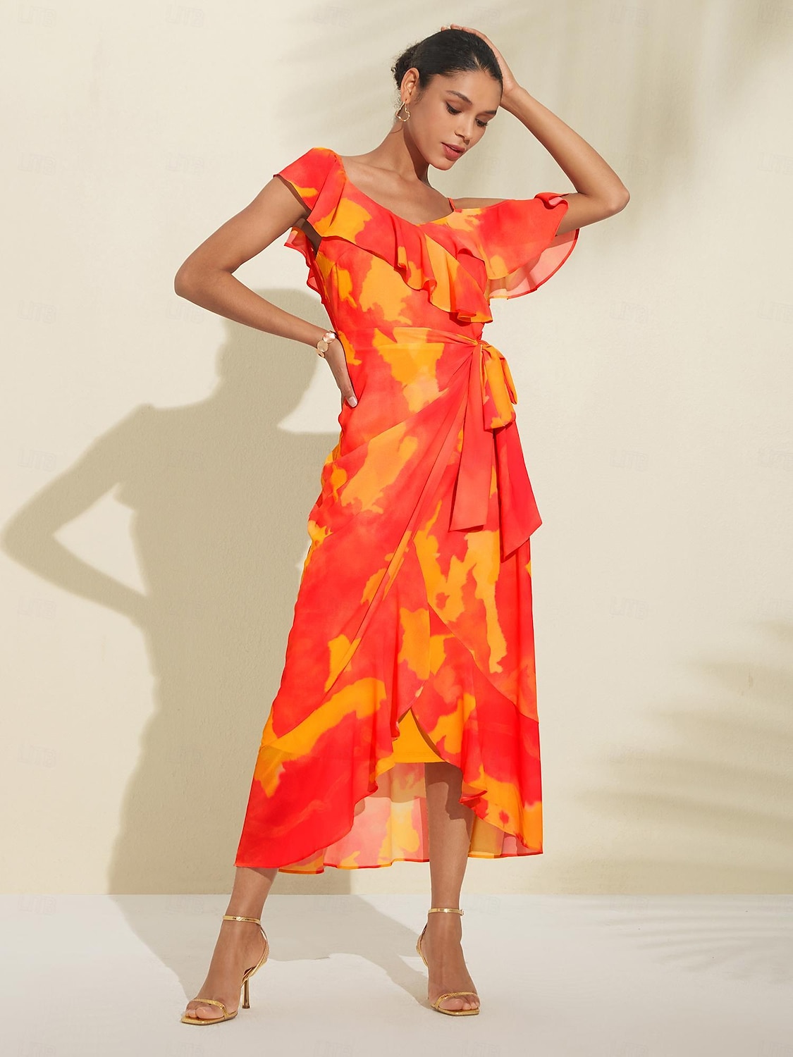 kvinnors peplumklänningar bröllopsgäst midiklänning lila orange kortärmad blommande volang främre slips vår &amp; sommar asymmetrisk romantisk s m l 2025 - $65.99 -P4