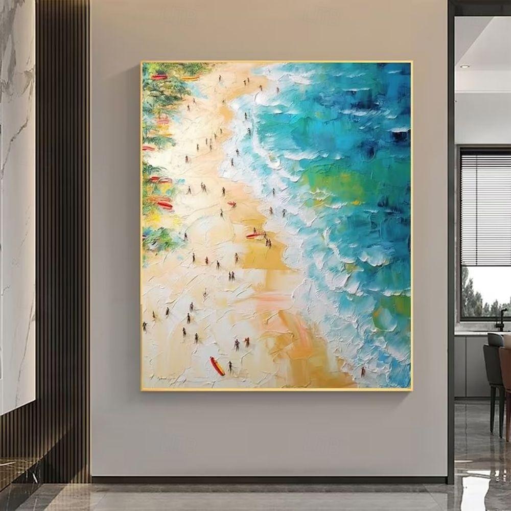 2026年 手作り油絵キャンバス壁アート装飾抽象夏海景絵画ビーチ海の家