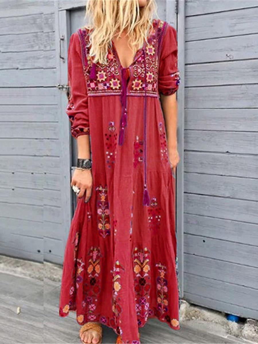 dames boho maxi jurk rood met ethisch bloemenprint v-hals driekwart mouw casual losse pasvorm strandfeest zomer mode kleding kleding 2025 - $33.99 –P1