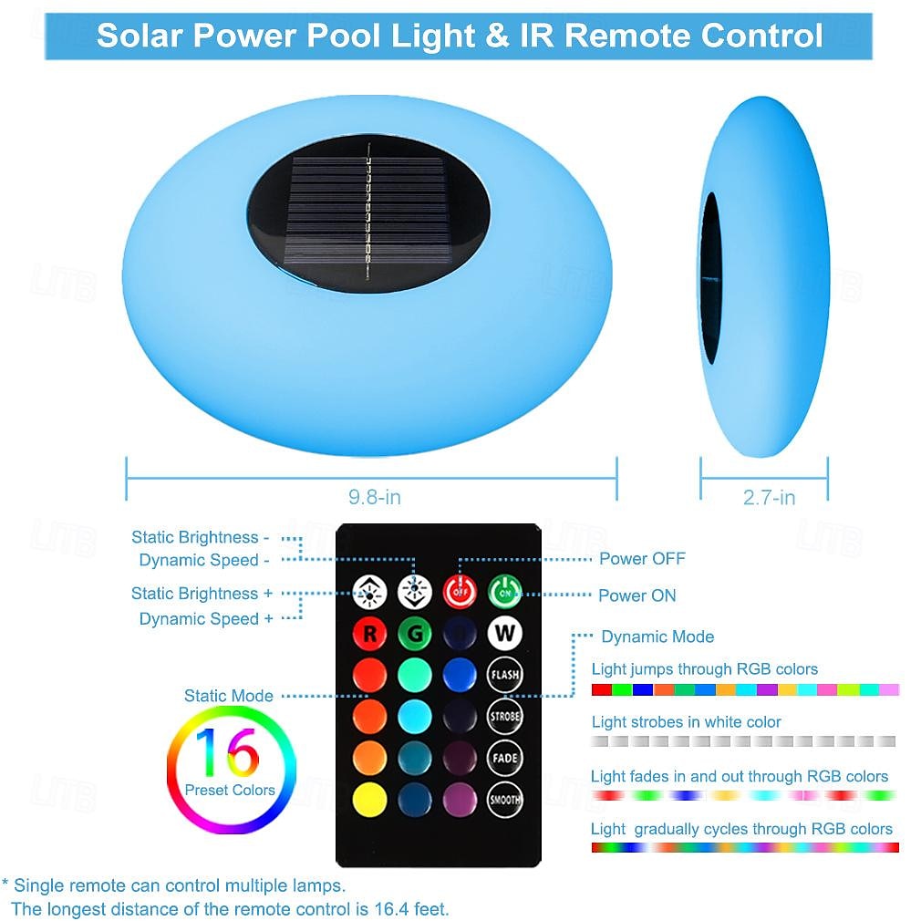 Solar Floating Pool Light with Remote Control, Submersiable LED Pool Light 16 RGB Color Changing Waterproof Outdoor Garden Lawn Pond Pool Party Decorative Light 1PC 2025 - $53.99 –P9