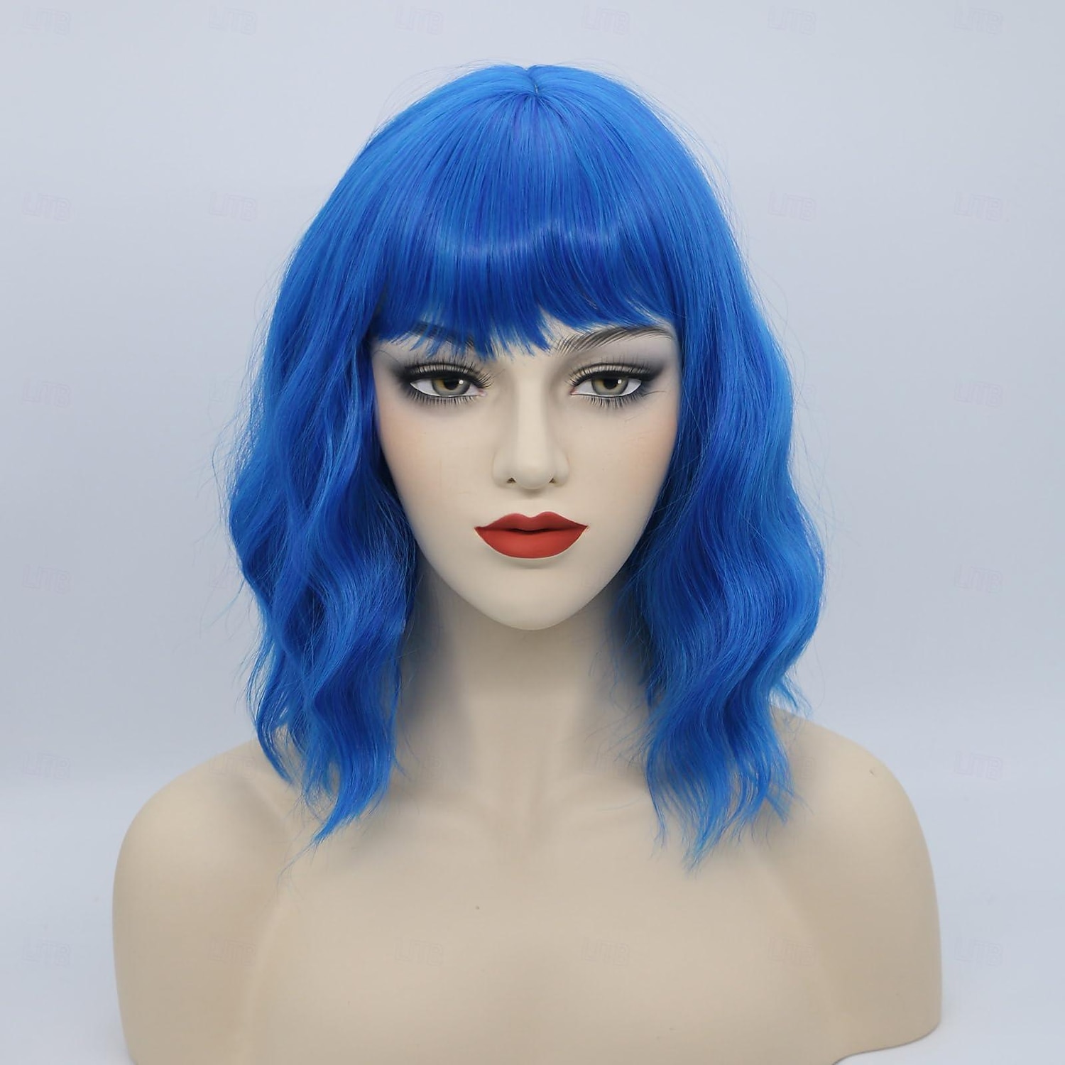 Blue Wigs for Women Short Curly Bangs Colored Wavy Bob  display picture 2
