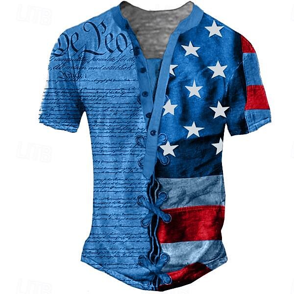 Homme Graphic Lettre Drapeau américain T shirt Chemise Henley Shirt Tee Manche Courte 3D effet Design basique Classique Extérieur du quotidien Des sports Eté Bleu Kaki Gris Henley T-shirt Henley de 2025 ? $20.99 –P3