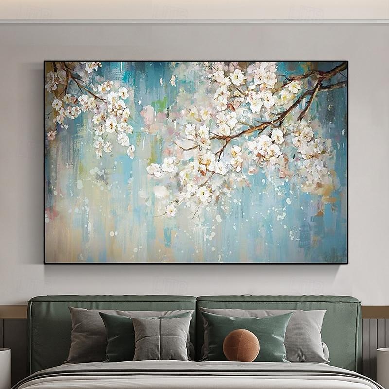 handgemaltes abstraktes Kirschblüten-Ölgemälde auf Leinwand, großes Wandkunstwerk, originale Blütenkunst, weißes Gemälde, Blumengemälde, Wohnzimmerdekoration, gespannte Leinwand, fertig zum Aufhängen 2025 - $154.99 –P2