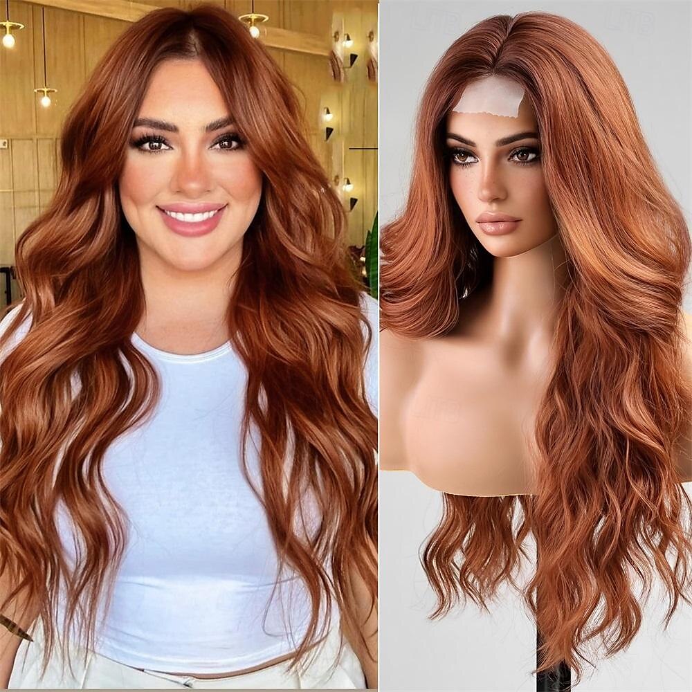 Parrucca ondulata lunga marrone con riflessi per le donne Parrucca ondulata riccia con parte centrale Parrucca in fibra sintetica resistente al calore dall'aspetto naturale per l'uso quotidiano nelle del 2025 a $25.99 –P10