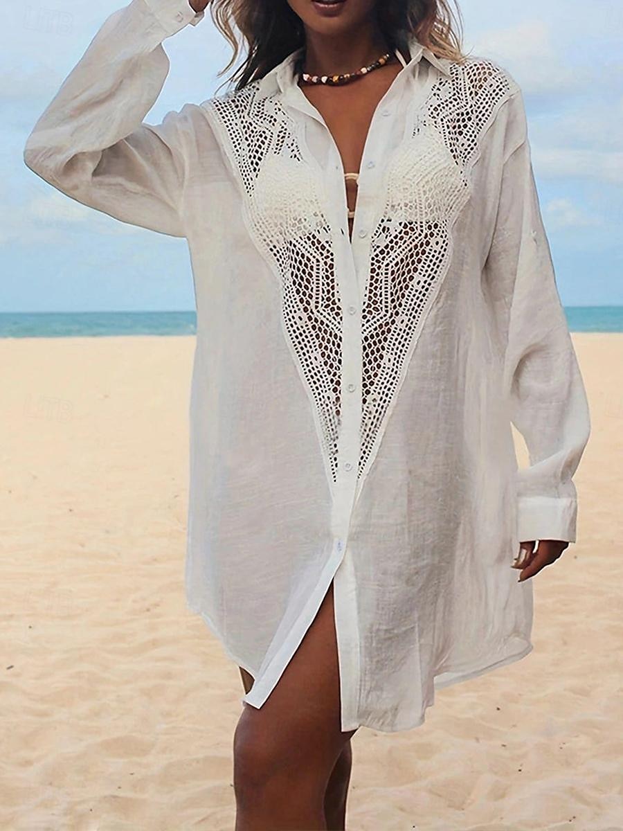 Pentru femei Rochie Mini Rochii inspirate din in Rochie albă Rochii Tip Cămașă Șal Hawaiană Vacanță Concediu Plajă Potrivire Largă Manșon Lung Guler Cămașă Negru Alb Vară 2025 - $32.99 –P2