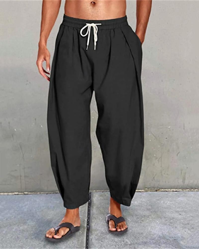 Férfi Vászon nadrág Nadrág Nyári nadrág Strand nadrág Hárem nadrág Zsinór Zseb Rugalmas derék Sima Mokaszinok Légáteresztő Napi Tengerpart Vakáció Hawaii Boho Fekete Fehér 2026 - $22.99 –P7