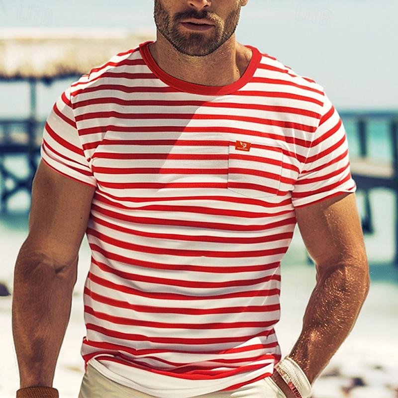 Men's T Shirt Tee Top Short Sleeves Crew Neck Summer Striped Fashion Designer Basic Front Pocket Vacation Street Going out Black Red Navy Blue Top Tee for Men 2025 - $16.49 –P4
