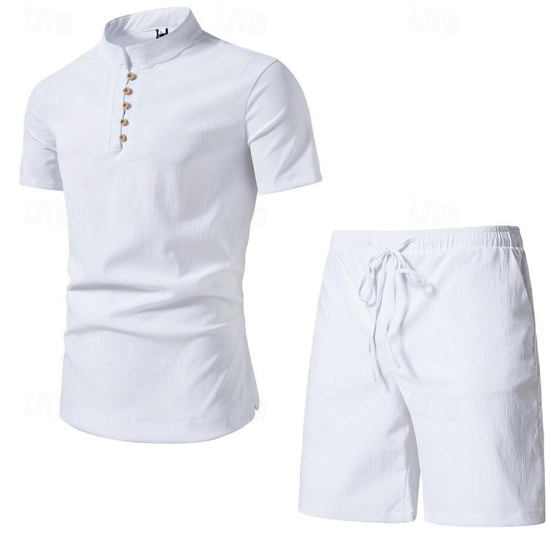 Men's Linen Shorts Summer Shorts Beach Shorts Set Pocket Drawstring Elastic Waist Plain Comfort Breathable Short Vacation Holiday Beach Hawaiian Boho Black White 2025 - $25.99 –P2