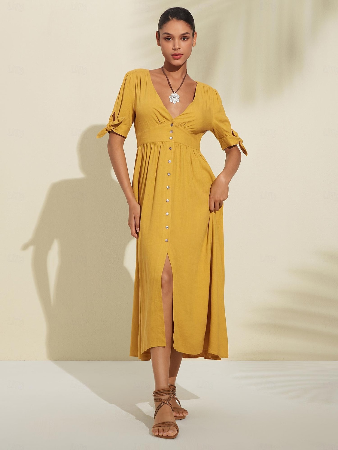Women's Linen Blend Yellow Bow Detail Midi Tea Dress 2025 - $69.99 –P6