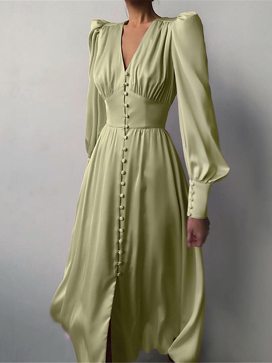 Dames Witte jurk Lange jurk maxi-jurk nappi Afspraakje Vakantie Streetwear Maxi V-hals Lange mouw Zwart Wit Blozend Roze Kleur 2025 - $60.99 -P5