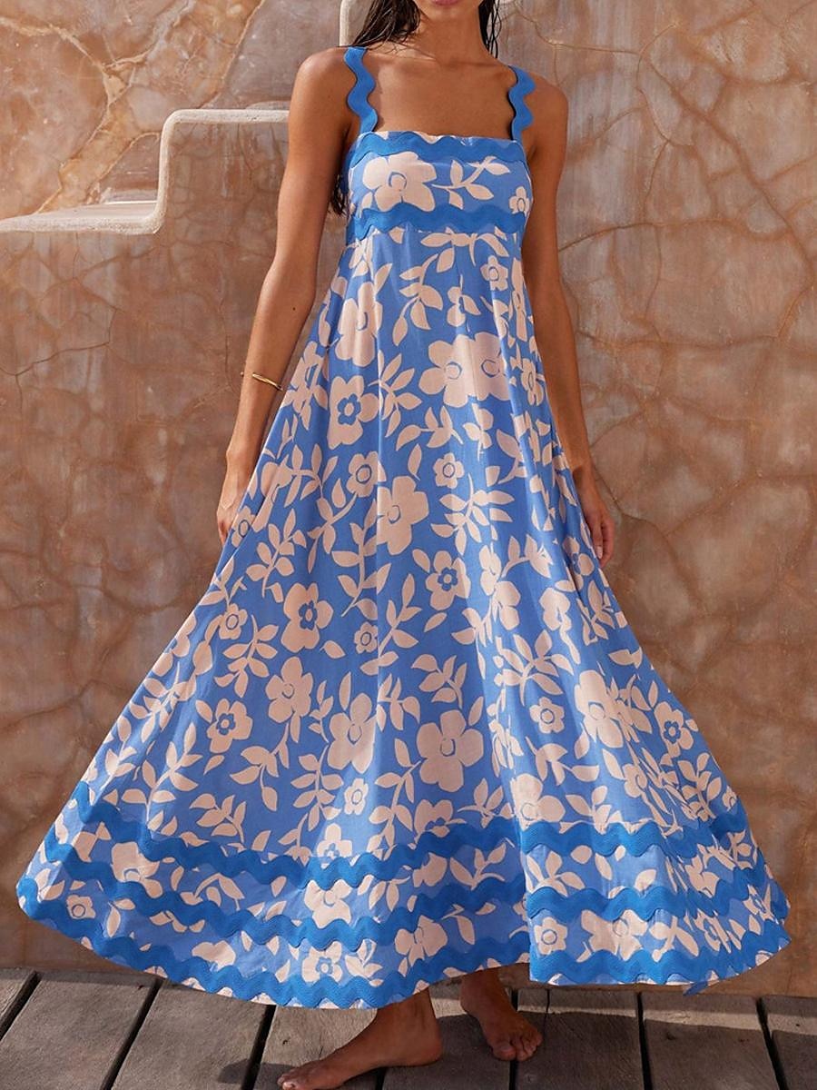 Damen Freizeitkleid Unterkleid Strandkleid Blumen rückenfrei Print Träger langes Kleid Maxikleid tropischer Hawaiiurlaub ärmellos Sommer 2025 - $41.99 –P10