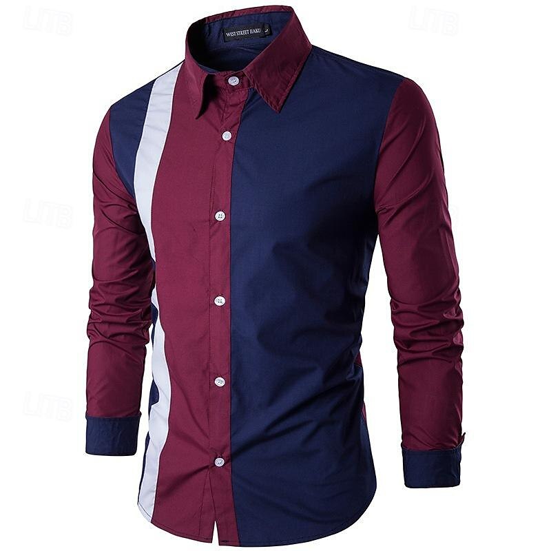 Men's Shirt Summer Shirt Casual Shirt Collared Shirt Button Up Shirt Black Wine Navy Blue Blue Long Sleeve Color Block Lapel Vacation Holiday Patchwork Clothing Apparel Polyester Fashion Casual 2025 - $19.49 –P7