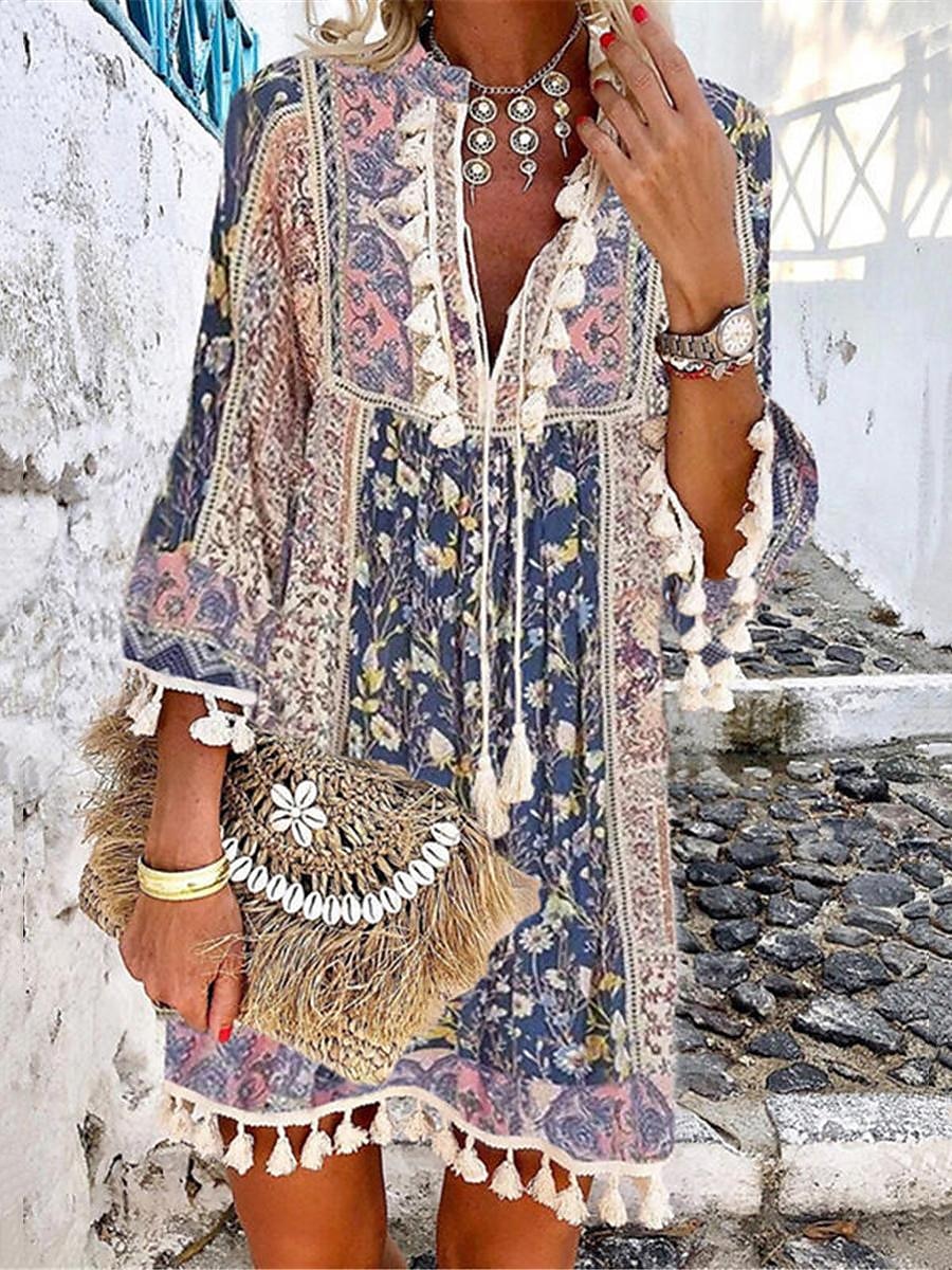 Dam Mini klänning Vardagsklänning Långärmad Boho klänning Sommarklänning Boho-klänning bohemliv Etnisk Semester Helgdag Lös passning Blommig Geometrisk Färgblock Delad hals Vit Rubinrött Marinbl 2026 - $28.99 –P2