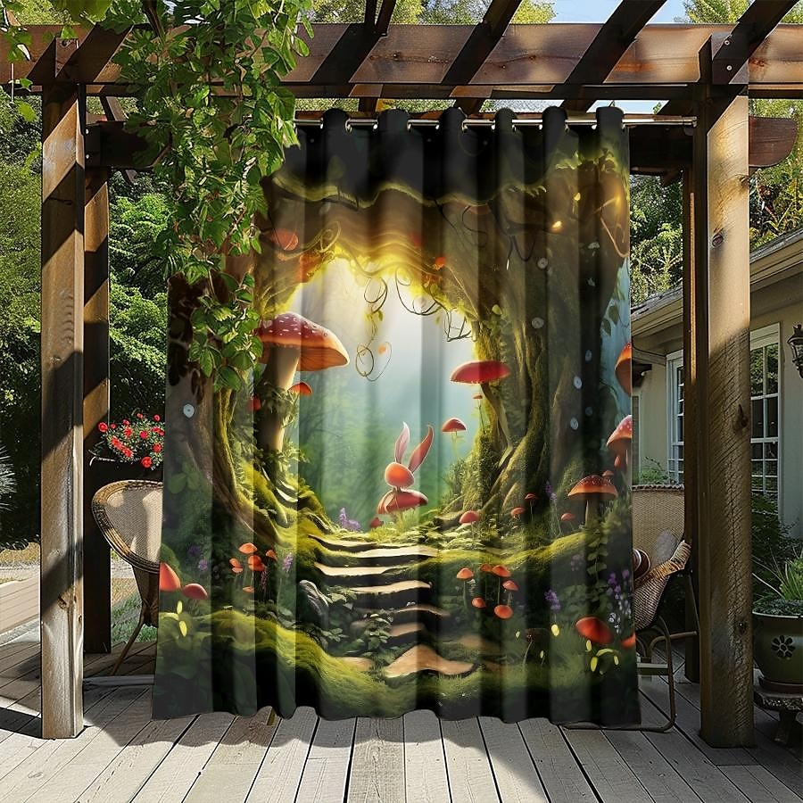 Wasserdichter Outdoor Vorhang Außenvorhang für Privatsphäre, Außenjalousien, verschiebbare Terrassenvorhangvorhänge, Pergolavorhänge mit Ösen, Pilzwald für Pavillon, Balkon, Veranda, Party 2025 - $28.99 –P8