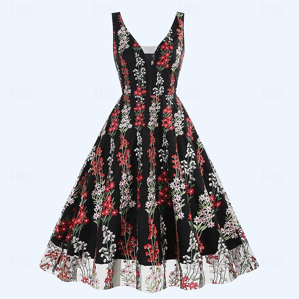 Anos 50 Retro Vintage Vestidos Vestido swing Floral Fantasia Mulheres Dia Das Bruxas Carnaval Baile de Máscaras Roupa Diária Festa de Solteira Adulto Vestido Vestidos de baile de 2026 por $40.99 –P1