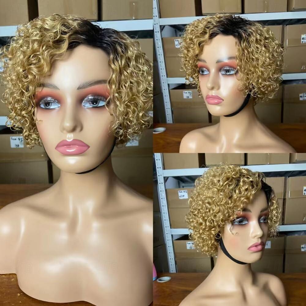 Perruques de cheveux humains bouclés courts pour les femmes noires perruque de partie latérale coupe de lutin cheveux humains brésiliens remy profonds bouclés aucun avant de lacet ombre blonde de 2025 ? $78.99 –P5