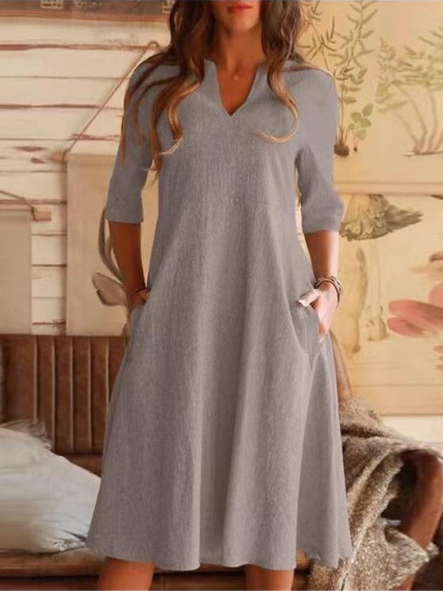Damen Schwarz Blau Grau Sommer Frühling Midikleid Baumwoll-Leinen-Kleider Freizeitkleid Baumwoll-Sommerkleid Basic Modern Täglich Wochenende Lässiger Schnitt Einfach V-Ausschnitt 2025 - $26.99 –P1