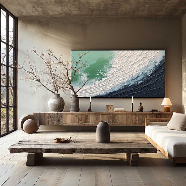 handgemaltes abstraktes, minimalistisches Strand-Acrylgemälde auf Leinwand, handgefertigt, große Wandkunst, Textur, Ozeanwellengemälde, individuelles Wabi-Sabi-Gemälde, Wanddekoration 2025 - $116.99 –P4