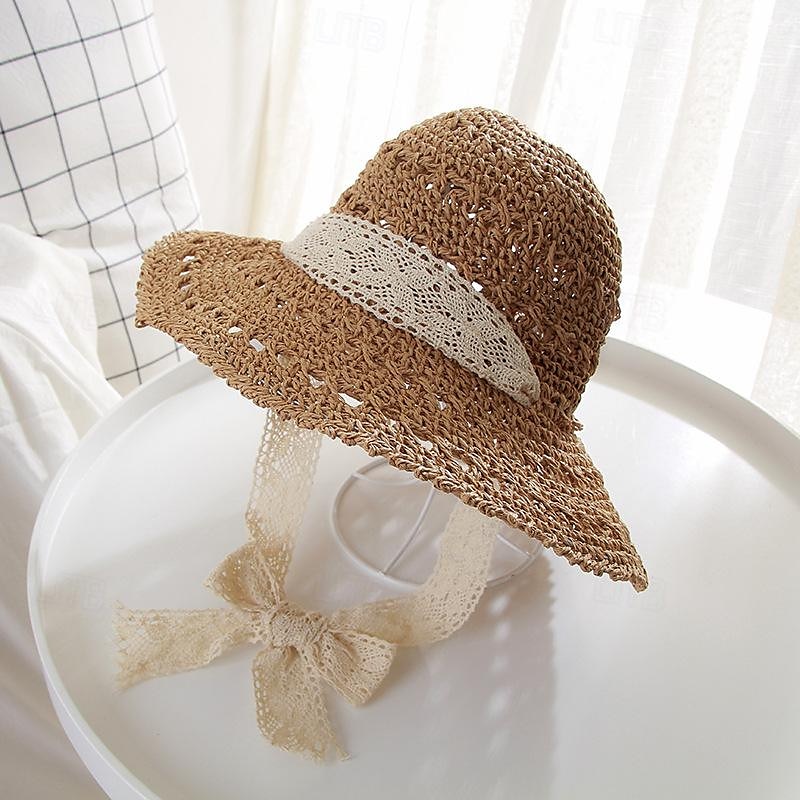 cappello a secchiello all'uncinetto cavo nastro di pizzo cravatta a tesa larga cappello da sole in paglia traspirante eleganti cappelli da spiaggia da viaggio per ombrellone per donna del 2025 a $14.99 –P5