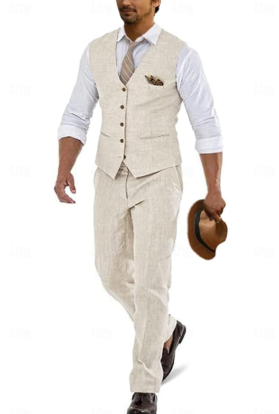 Men's Wedding Linen Suits Pea Green White Summer Solid Colored Tailored Fit 2 Piece 2025 - $102.99 –P5