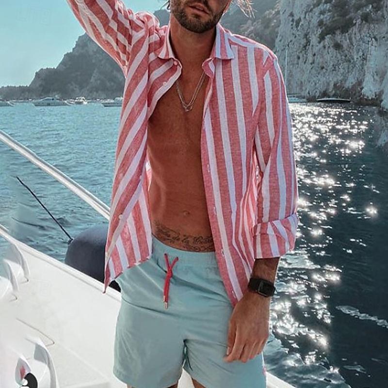 Men's Shirt Linen Shirt Summer Shirt Beach Shirt Cotton Linen Shirt Striped Shirts Striped Vacation Hawaiian Yellow Red Blue Green Long Sleeve Turndown Spring &  Fall Clothing Apparel Button-Down 2025 - $28.99 –P8