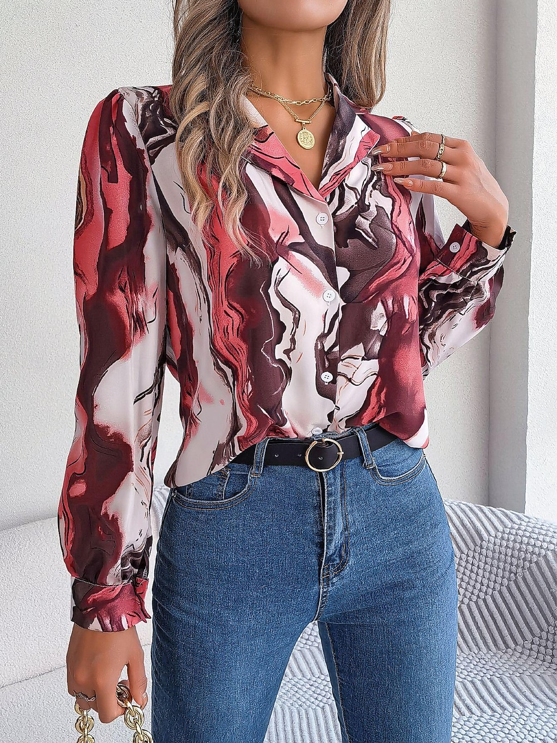 dames overhemd blouse mode abstract knopen print lange mouw normale tops overhemd kraag casual geel rood blauw paars groen lente& val 2025 - $29.99 –P6