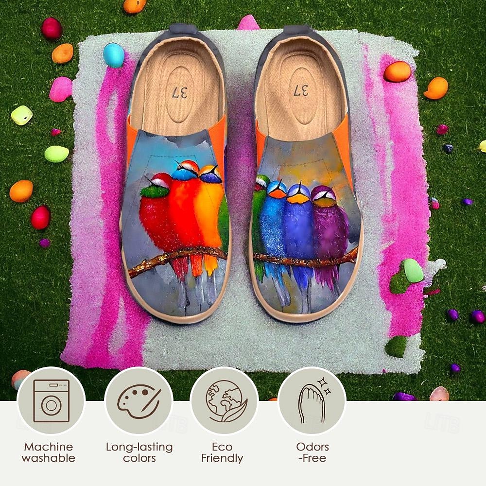 2026年 女性用 スニーカー フラット スリッポン プリントシューズ スリッポンスニーカー 日常 トラベル 鳥 塗装 フラットヒール 旅行度假风 カジュアル コンフォートシューズ キャンバス ローファー ライトレッド ブルー グリーン  コレクション – $46.99 –P3